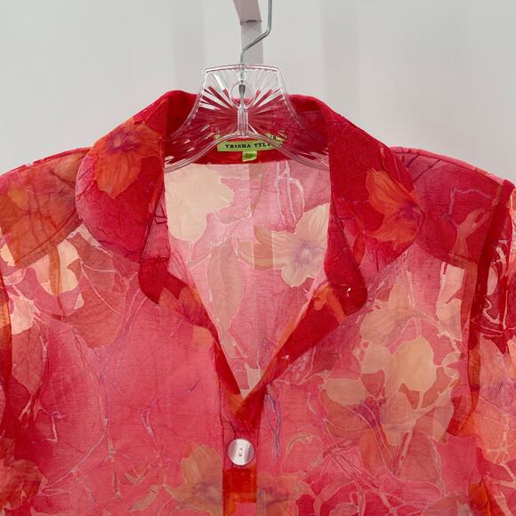Trisha Tyler Red Floral Sheer Peplum Button Front Top Blouse Women Sz PS - Picture 3 of 10